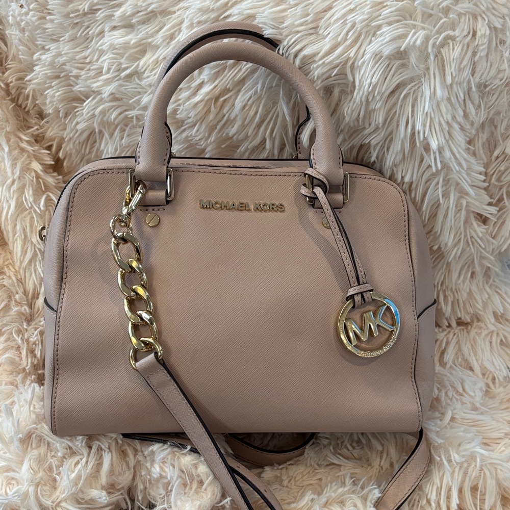 Michael Kors Pinky-Beige Leather Satchel with Gold Accents